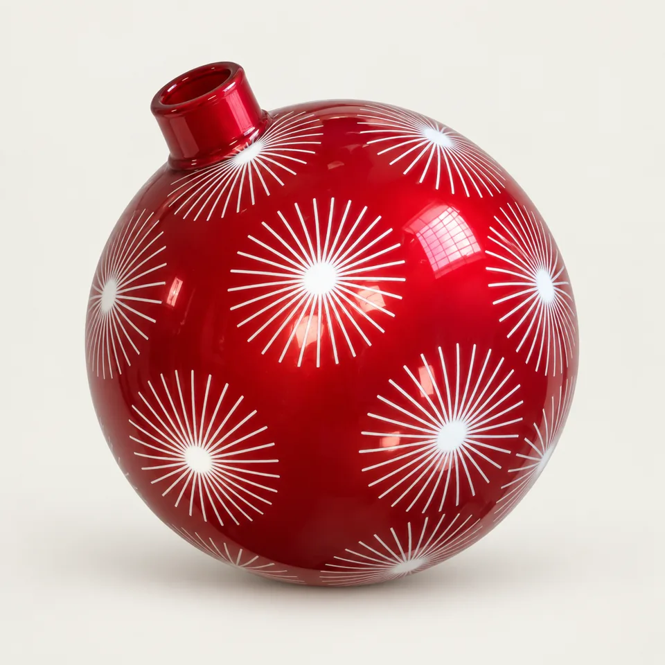Red Christmas ball with white radial starburst printing, isolated from a product video